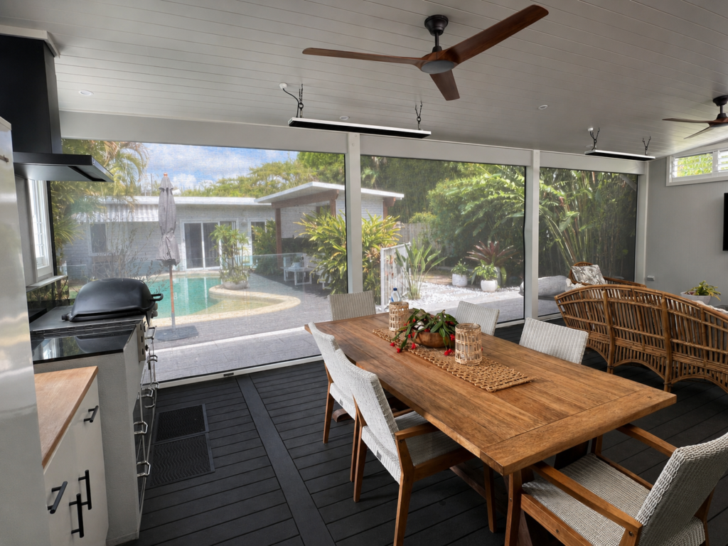 Three Ziptrak outdoor blinds enclosing a Sunshine Coast patio and entertaining area