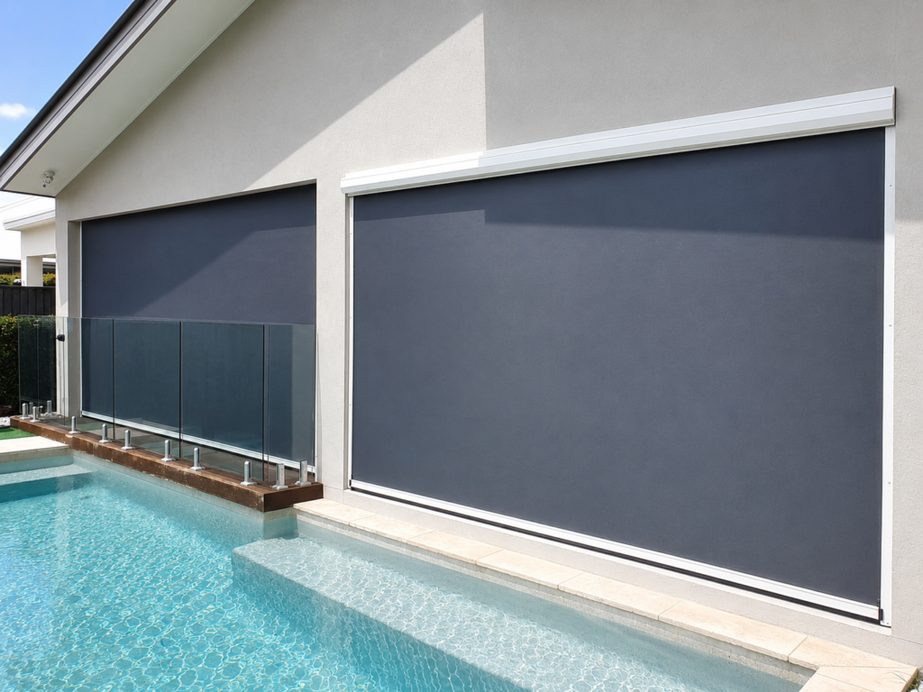 Ziptrak Blinds protecting a patio and pool area