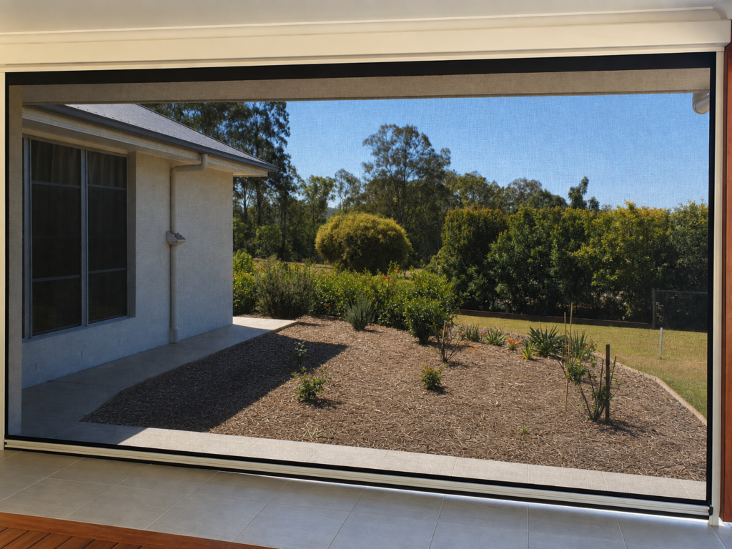 View through a Vistaweave 95 motorised Ziptrak blind from inside a Sunshine Coast patio
