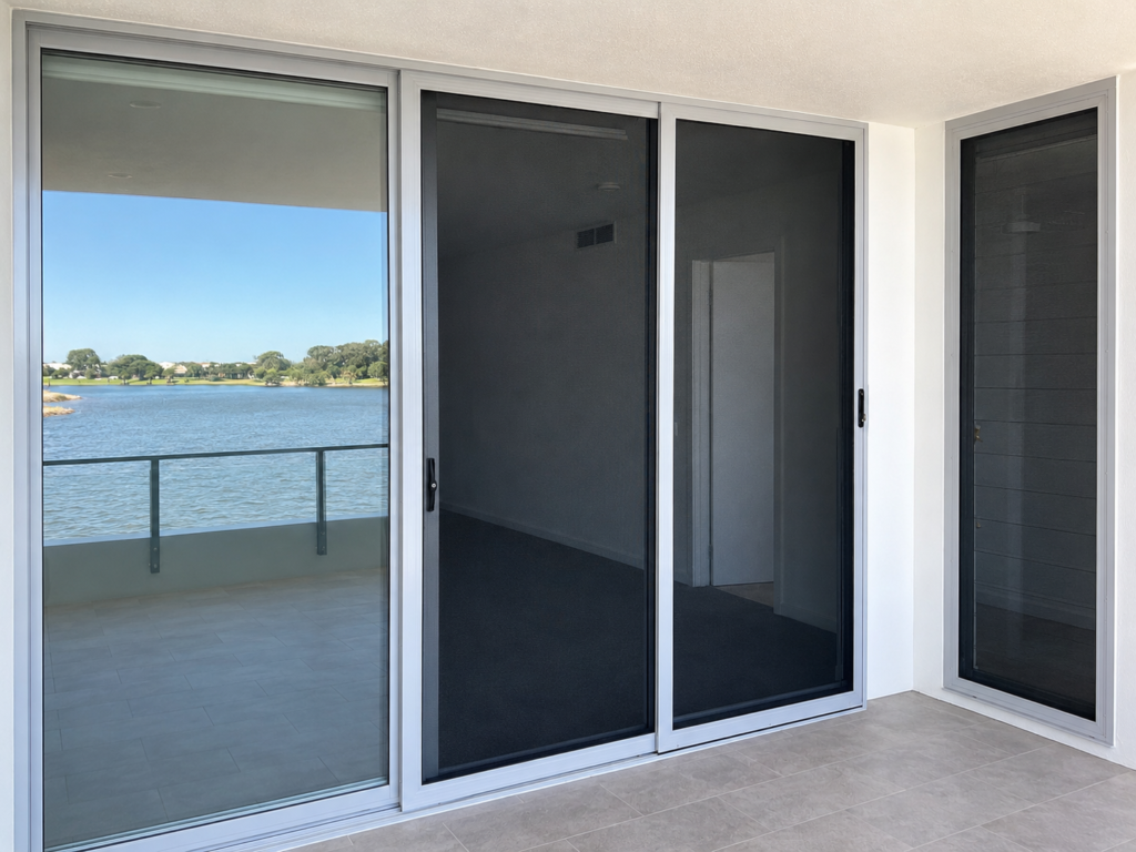 Saltwater Series Security Doors with a Reflection of a Canal