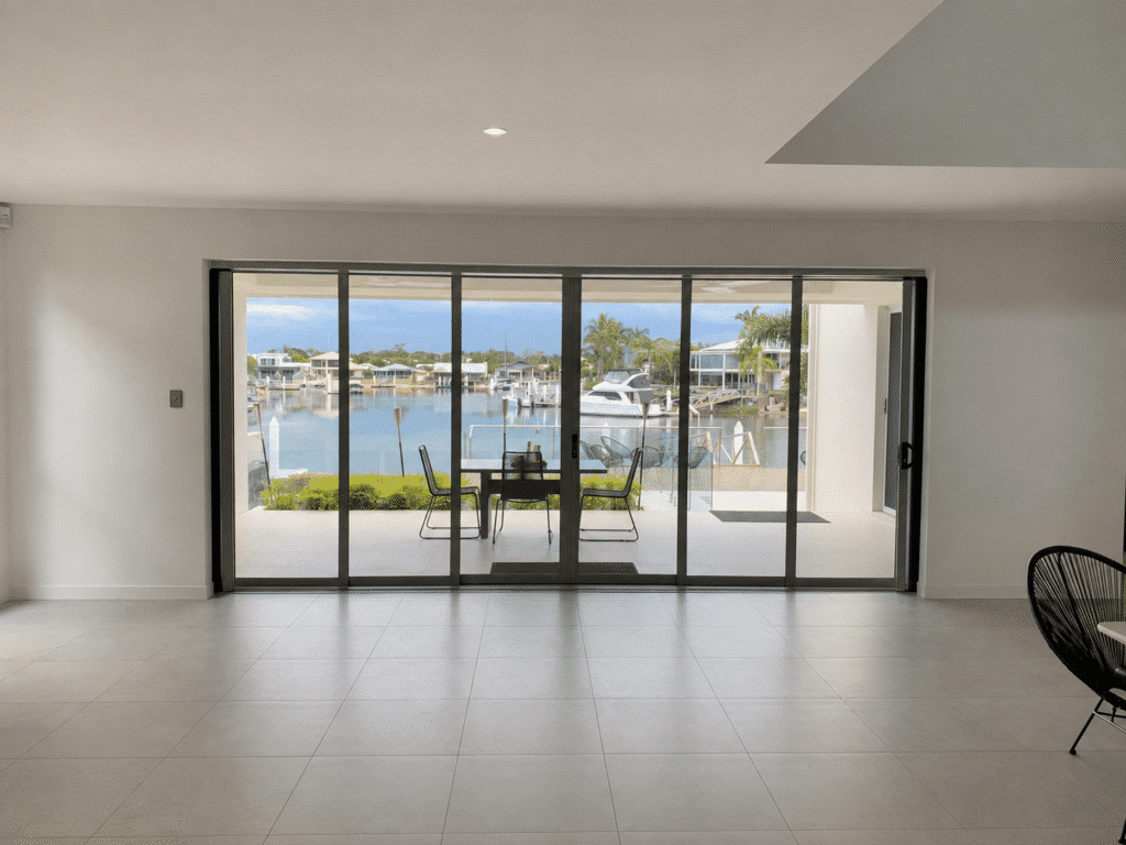 SecureView sliding security screens installed across a large six-panel opening at a waterfront home on the Sunshine Coast.