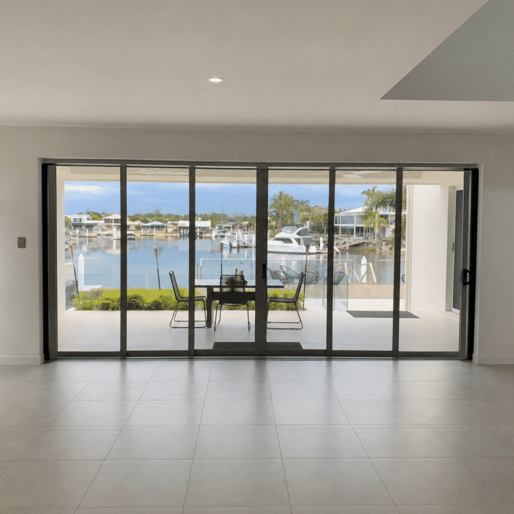SecureView sliding security screens installed across a large six-panel opening at a waterfront home on the Sunshine Coast.